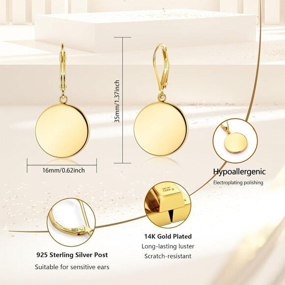 Sterling Silver Dangle Earrings for Women 14k Gold Plated Jewelry Gift - Picture 4 of 6